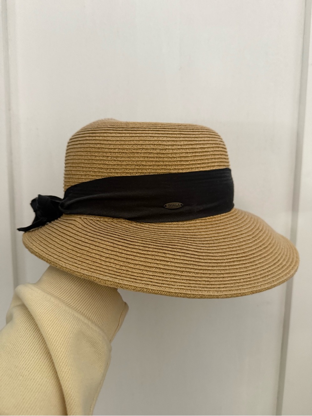 Scala Tan Straw Sun Hat with Black Bow Band